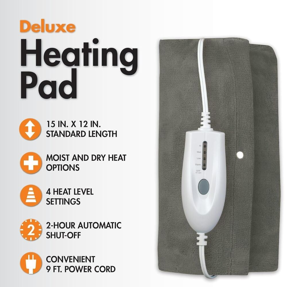 TheraCare Deluxe Heating Pad Moist Dry Heat 4 Settings Auto Shut Off 12x15" Grey